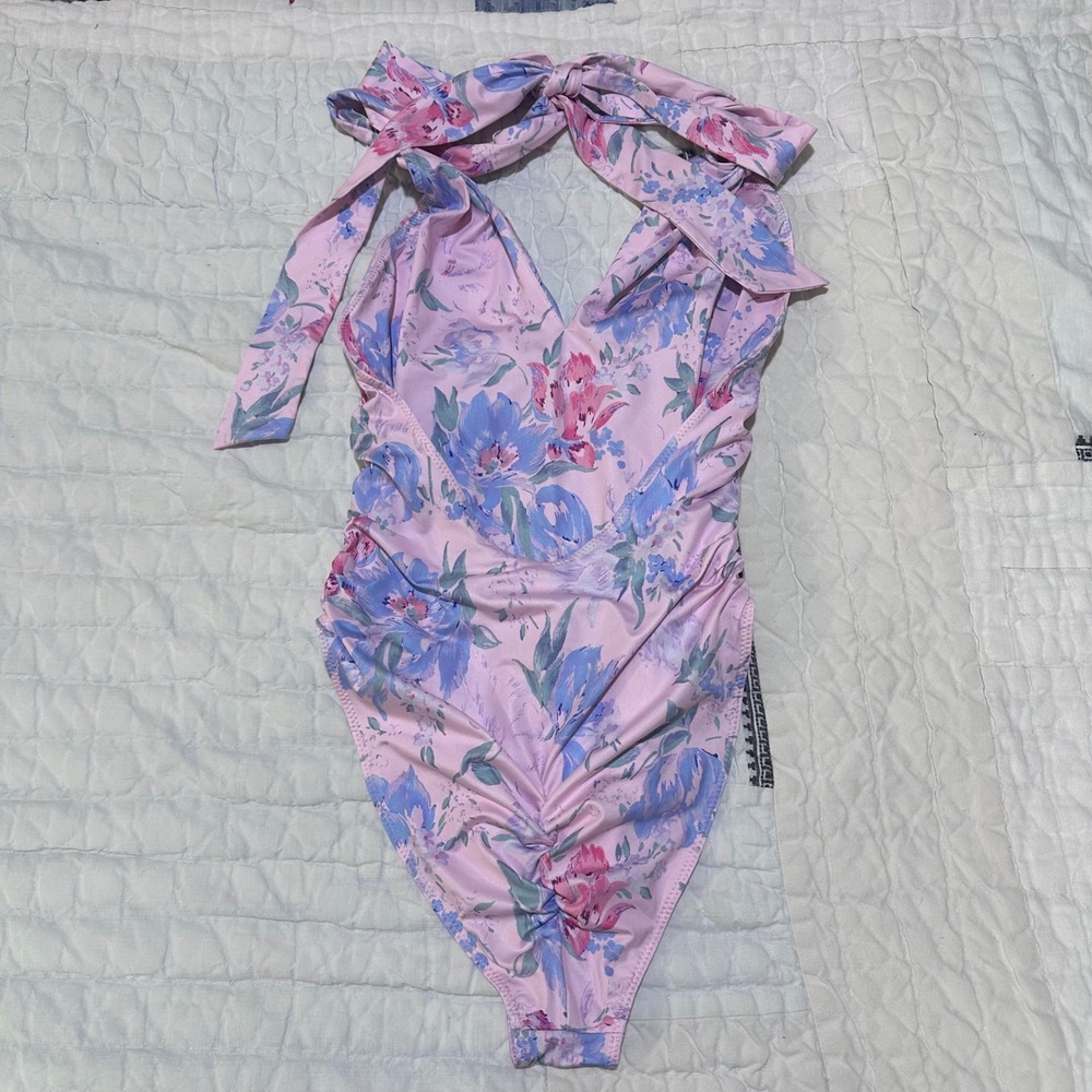 LoveShackFancy One Piece Swimsuit Pink Floral Ruched Halter Small - Picture 3 of 3